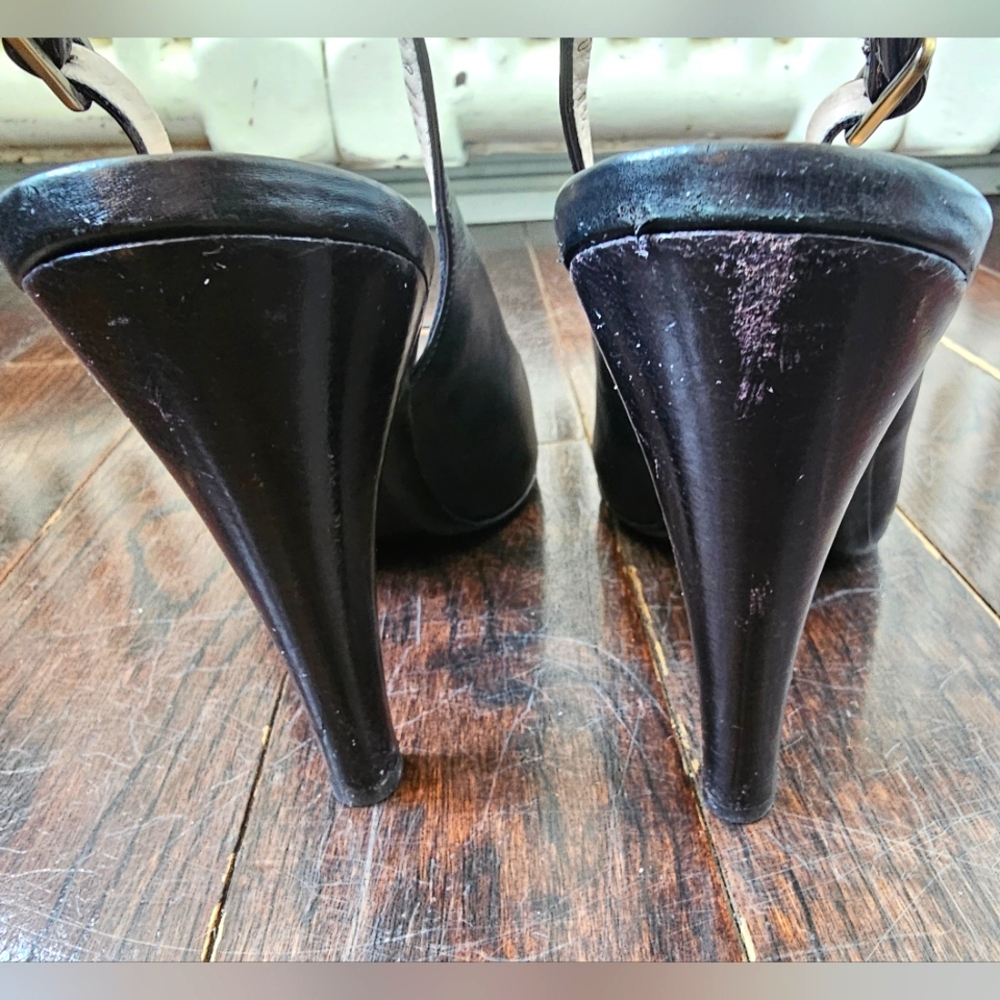 8.5 Salvatore Ferragamo Black Peep-Toe Slingback Heels Pumps - Picture 14 of 14